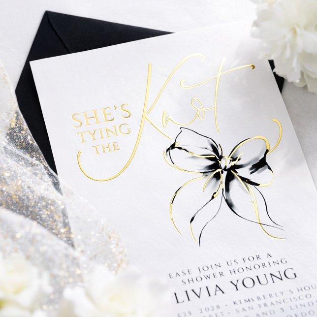 Invitation En Aluminium Black Bow She's Tying The Knot Bridal Shower (Black Bow Bridal Shower Gold Foil Invitation)