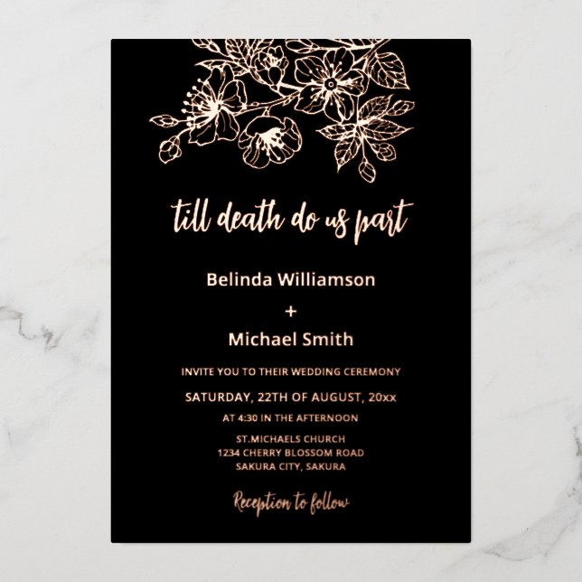 Invitation En Aluminium Black Copper Floral | Goth Wedding (Recto)