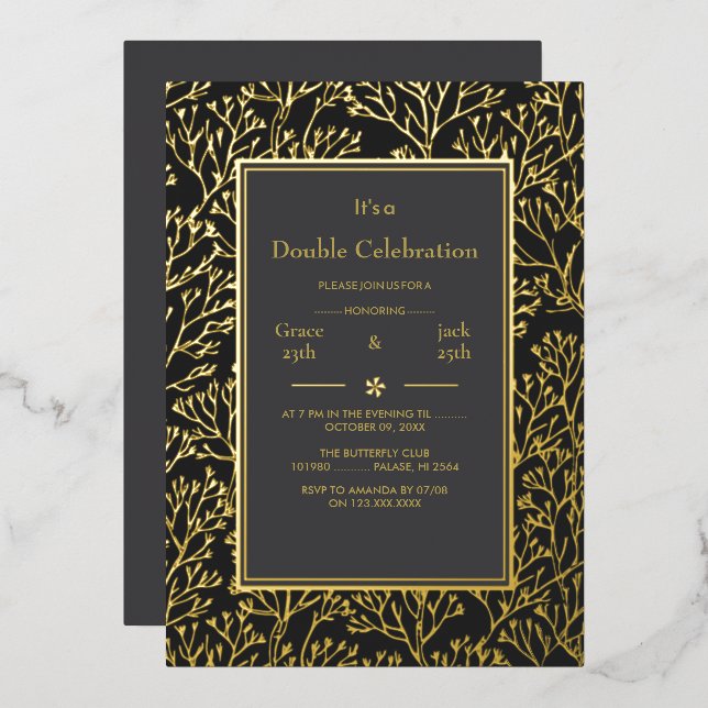 Invitation En Aluminium Black Elegant Double Celebration Anniversaire (Recto/Verso)