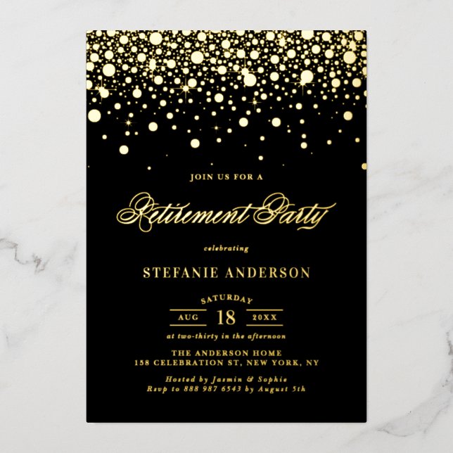 Invitation En Aluminium Black Elegant Foil Confetti Retraite Party (Recto)