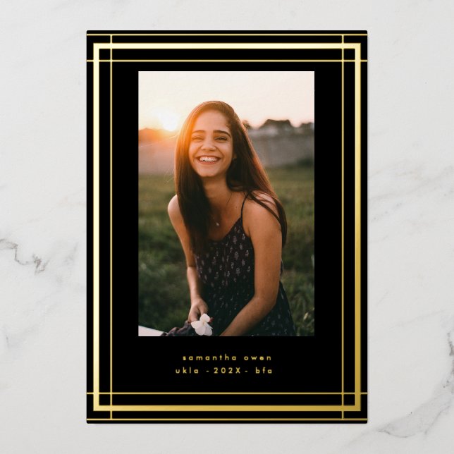 Invitation En Aluminium Black Elegant Foil Frontière Photo Université Grad (Recto)