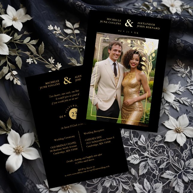 Invitation En Aluminium Black Exquisite Ornate Tulips Frame Photo Wedding  (Black Exquisite Ornate Tulips Frame Photo Wedding Golden metallic Foil Invitations Cards.)