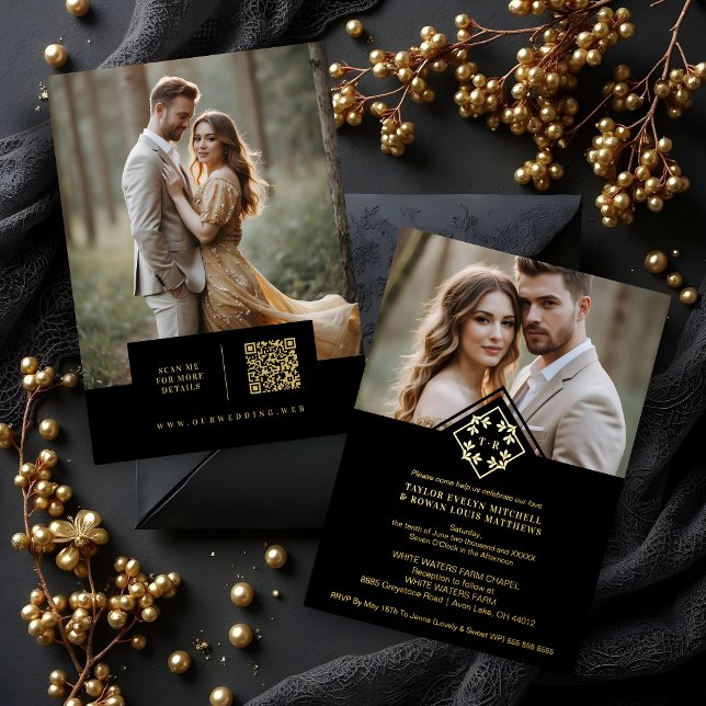 Invitation En Aluminium Black Exquisite Simple Wedding Botanical Monogram (White Exquisite Minimalist Wedding Design Botanical Monogram and Initials Metallic Foil Gold Cards.)