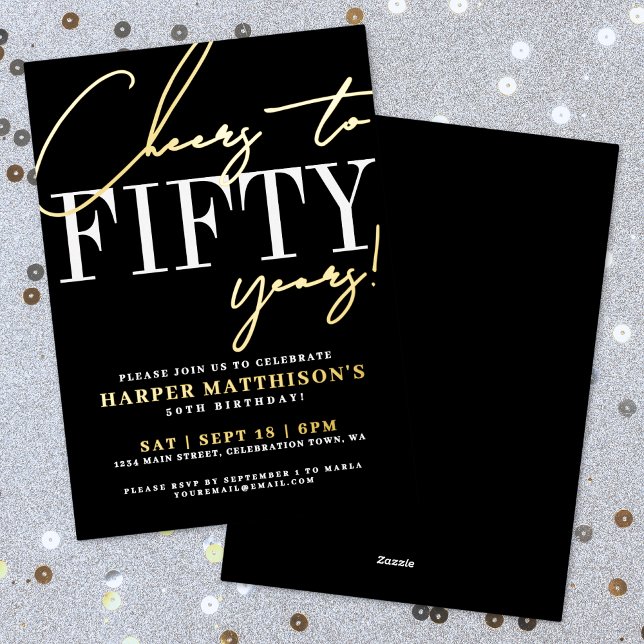 Invitation En Aluminium Black Fifty 50th Birthday Gold (Black Fifty 50th Birthday Gold Foil Invitation)