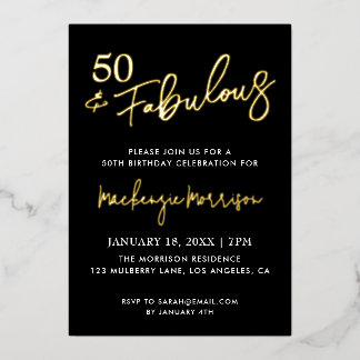 Invitation En Aluminium Black Fifty and Fabulous Script Birthday
