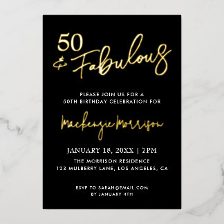 Invitation En Aluminium Black Fifty and Fabulous Script Birthday Party