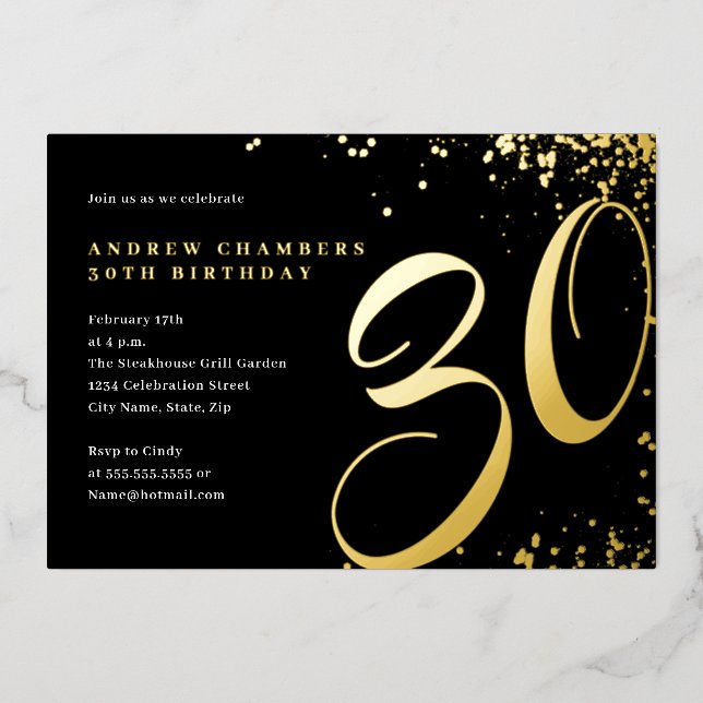 Invitation En Aluminium Black Gold Confetti 30e anniversaire (Recto)