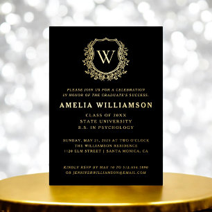 Invitation En Aluminium Black Gold Crest Monogramme Partie de graduation