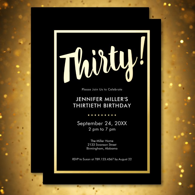 Invitation En Aluminium Black & Gold Foil moderne 30e anniversaire (Modern Black & Gold Foil 30th Birthday Foil Invitation)