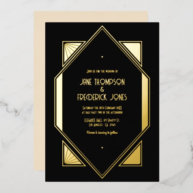 Invitation En Aluminium Black & Gold Gatsby Art Deco Wedding (Recto/Verso)