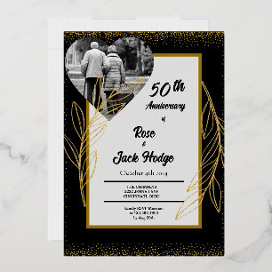 Invitation En Aluminium Black Gold Hearts Photo 50e anniversaire