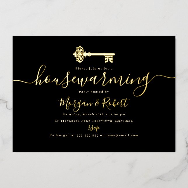 Invitation En Aluminium Black Gold Key Fête de réchauffement domestique (Recto)
