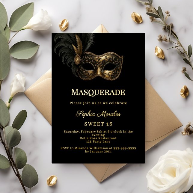 Invitation En Aluminium Black gold luxury Masquerade party Sweet 16 (Créateur téléchargé)
