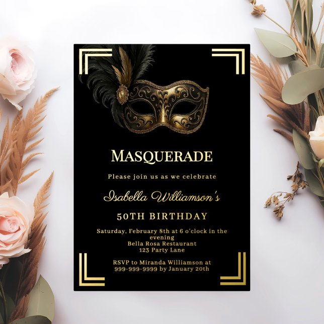 Invitation En Aluminium Black gold Masquerade luxury birthday party (Créateur téléchargé)