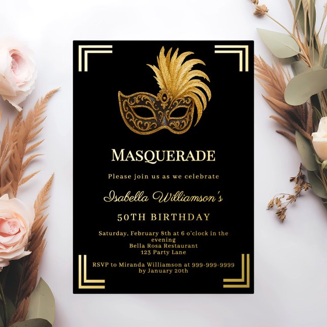 Invitation En Aluminium Black gold Masquerade luxury birthday party (Créateur téléchargé)