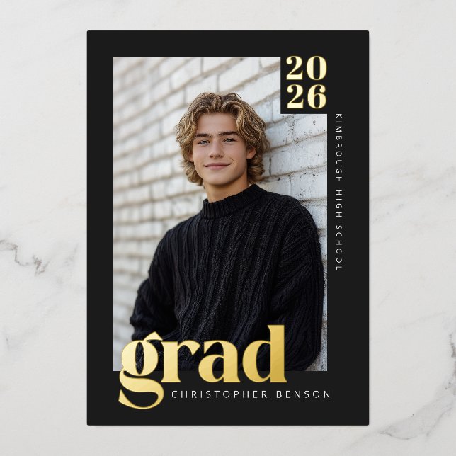 Invitation En Aluminium Black Gold Modern 4 Photo Graduation Foil (Recto)