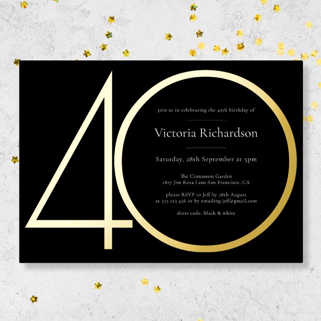 Invitation En Aluminium Black Gold Modern Minimalist 40th Birthday Party (Mockup View)