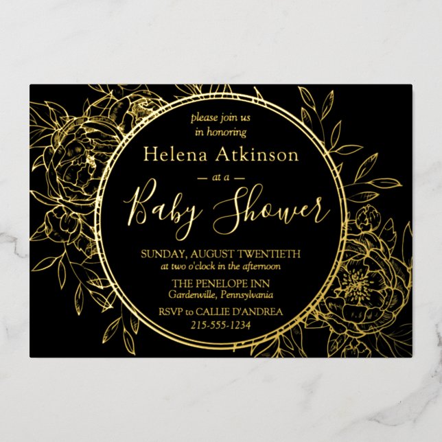 Invitation En Aluminium Black & Gold Modern Peony Toile Baby shower (Recto)