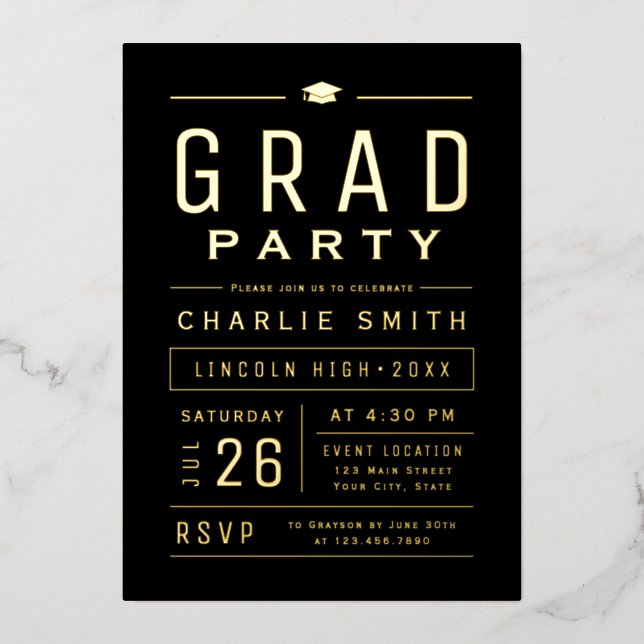 Invitation En Aluminium Black & Gold Modern Typographie simple Grad Party (Recto)