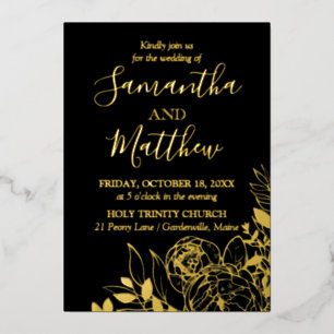 Invitation En Aluminium Black & Gold Peony Mariage Floral moderne