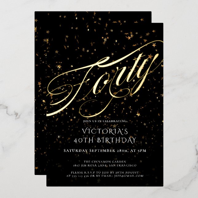 Invitation En Aluminium Black Gold Quarty Confetti élégant 40e anniversair (Recto/Verso)