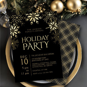 Invitation En Aluminium Black & Gold Snowflakes Parties scintillant Plaid 