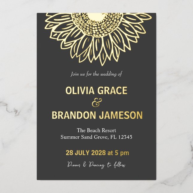 Invitation En Aluminium Black Gold  Sunflower Modern Floral Wedding  (Recto)