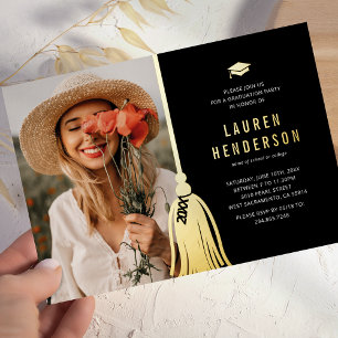 Invitation En Aluminium Black Gold Tassel Photo Graduation Party Foil Invi