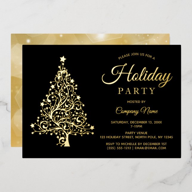 Invitation En Aluminium Black Gold Tree Corporate Holiday Party (Recto/Verso)