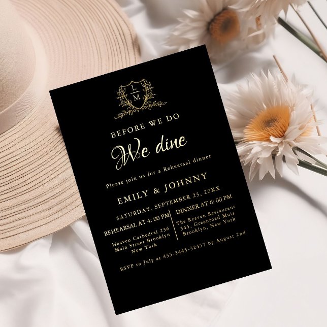 Invitation En Aluminium Black & gold Wedding Rehearsal dinner initial (Créateur téléchargé)