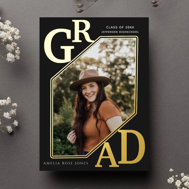 Invitation En Aluminium Black Modern Gold GRAD Graduation photo Foil (Créateur téléchargé)