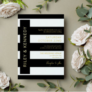 Invitation En Aluminium Black Modern Stripes Gold Foil Typographie Mariage
