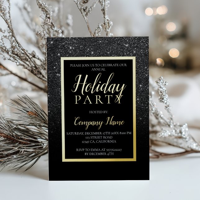 Invitation En Aluminium Black parties scintillant or entreprise Noël (Black glitter gold business corporate Christmas Foil Invitation)