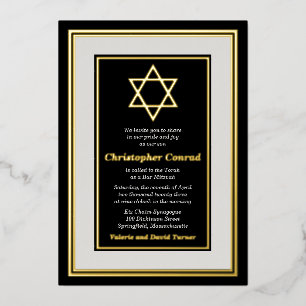 Invitation En Aluminium Black Platinum Gold Foil Star de David Bar Mitzvah