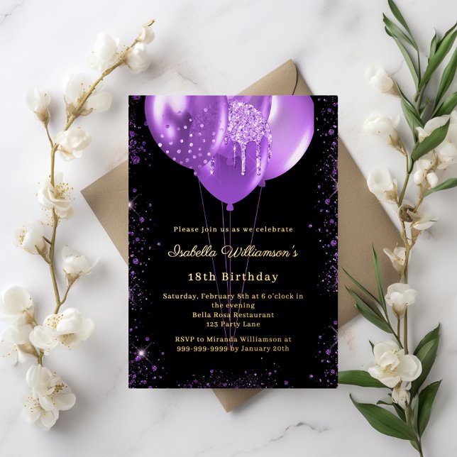 Invitation En Aluminium Black purple balloons birthday gold (Créateur téléchargé)