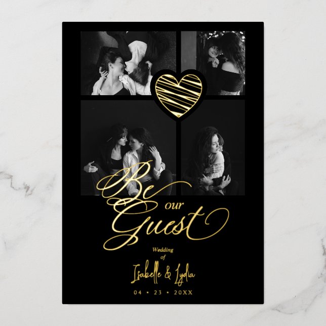 Invitation En Aluminium Black Real Golden Luxury Heart 4 photos Collage  (Recto)