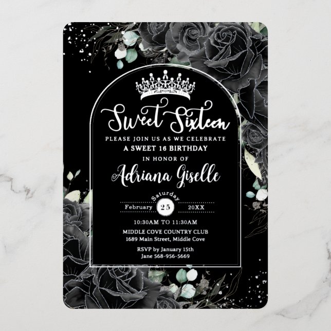 Invitation En Aluminium Black Rose Floral Black Silver Sweet 16 Anniversai (Recto)