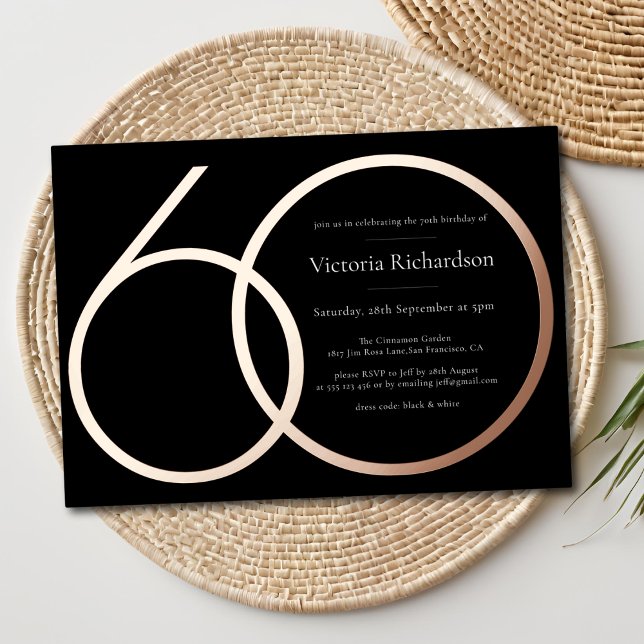 Invitation En Aluminium Black Rose Gold Custom Minimalist 60e anniversaire (Black Rose Gold Custom Minimalist 60th Birthday Foil Invitation)