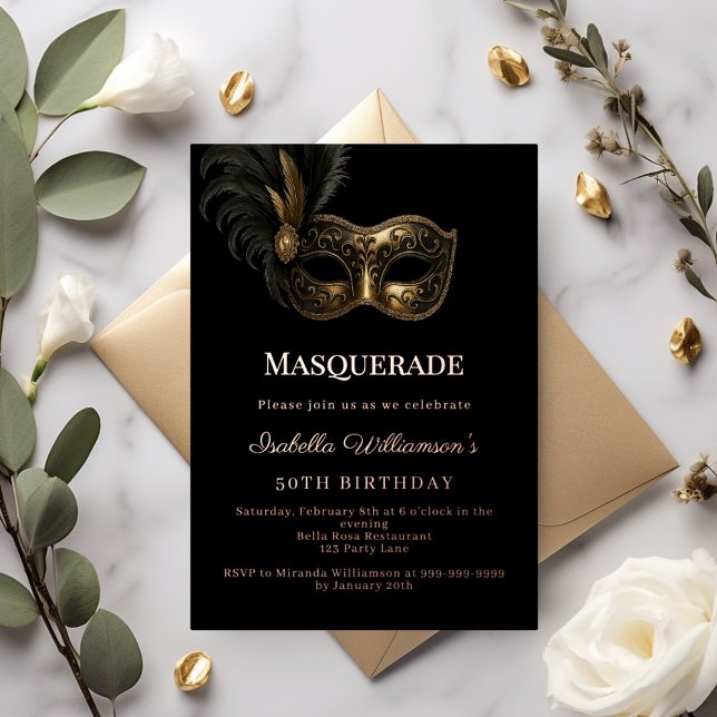 Invitation En Aluminium Black rose gold Masquerade birthday party (Créateur téléchargé)