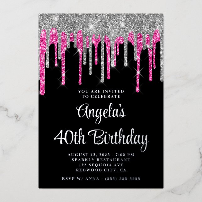 Invitation En Aluminium Black Silver Deep Rose Parties scintillant Drips 4 (Recto)