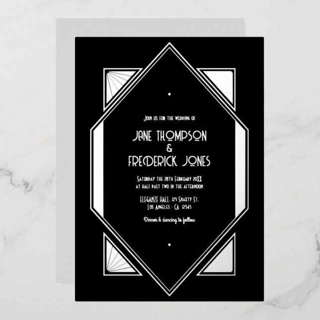 Invitation En Aluminium Black & Silver Gatsby Art Deco Wedding (Recto/Verso)