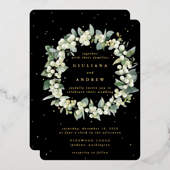 Invitation En Aluminium Black Snowberry+Eucalyptus Wreath d'hiver Mariage (Recto/Verso)