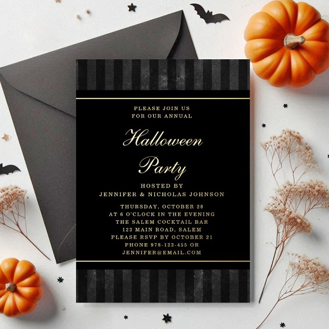 Invitation En Aluminium Black Stripes Halloween Party Gold (Black Stripes Halloween Party Gold Foil Invitation)