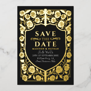 Invitation En Aluminium Black Sword Shield Monogramme médiéval Enregistrer
