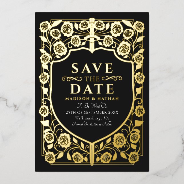 Invitation En Aluminium Black Sword Shield Monogramme médiéval Enregistrer (Recto)