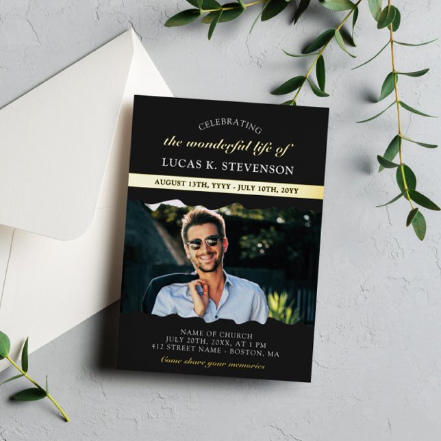 Invitation En Aluminium Black Torn Edges Photo Gold Foil Life Celebration (Créateur téléchargé)