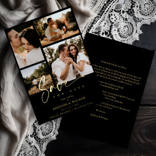 Invitation En Aluminium Black Trendy Collage Mariage 4 Photos Real Golden