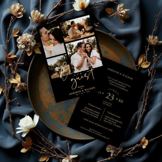 Invitation En Aluminium Black Trendy Mariage 4 photos Real Golden (Black Trendy Collage Wedding 4 photos Real Golden Foil Invitation Card with Envelope.)