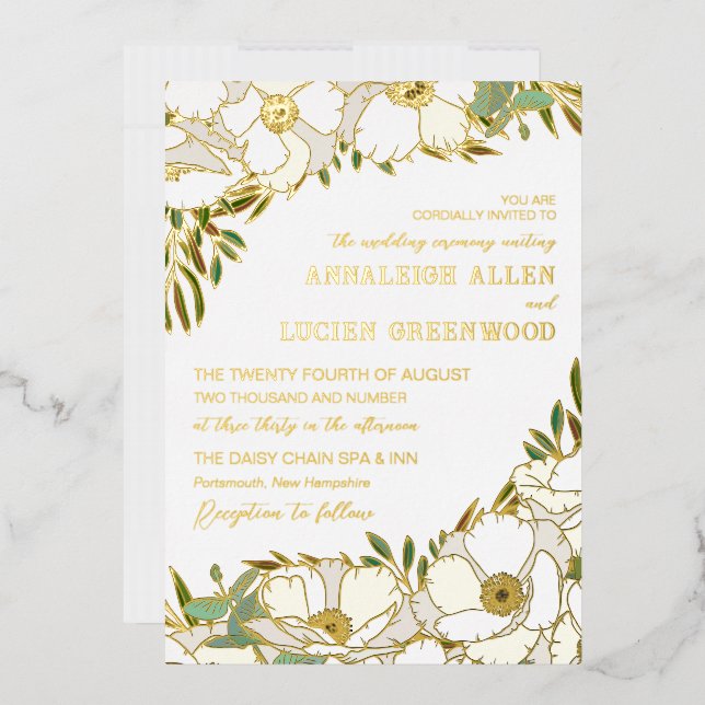 Invitation En Aluminium Blanc Anemones Gold Foil Line Art Mariage (Enveloppe)