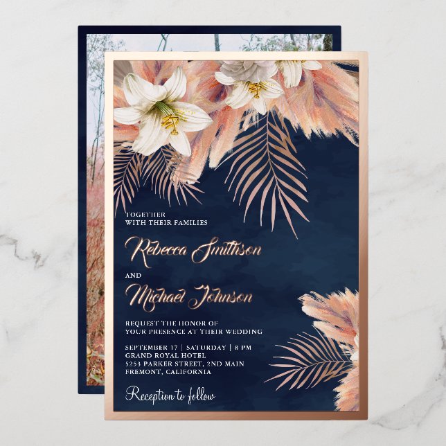 Invitation En Aluminium Blanc Lily Boho Pampas Marine Mariage bleu Rose or (Recto/Verso)